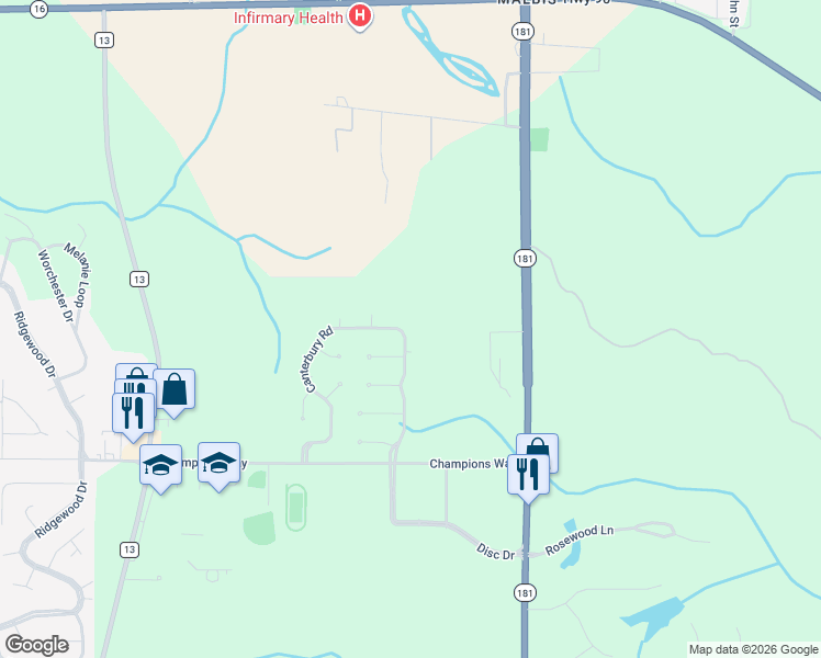 map of restaurants, bars, coffee shops, grocery stores, and more near 28790 Canterbury Road in Daphne