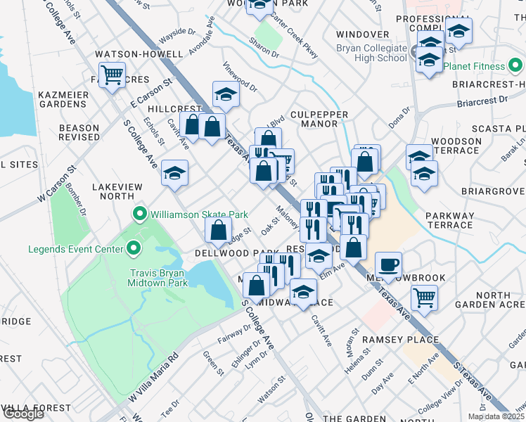 map of restaurants, bars, coffee shops, grocery stores, and more near 413 Mitchell Street in Bryan