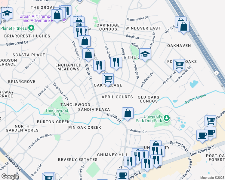 map of restaurants, bars, coffee shops, grocery stores, and more near 4412 Carter Creek Parkway in Bryan