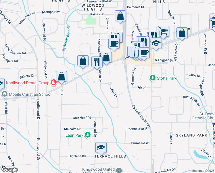 map of restaurants, bars, coffee shops, grocery stores, and more near 2200 Sybel Drive in Mobile