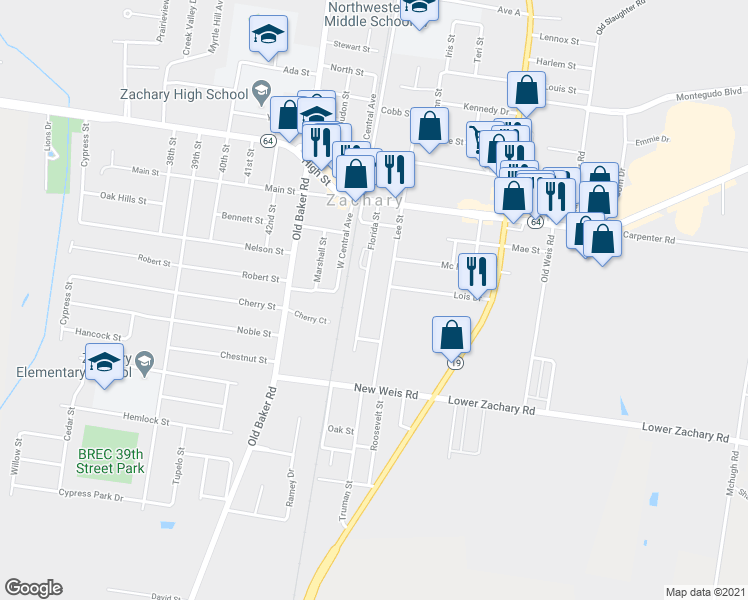 map of restaurants, bars, coffee shops, grocery stores, and more near 4120 Florida Street in Zachary