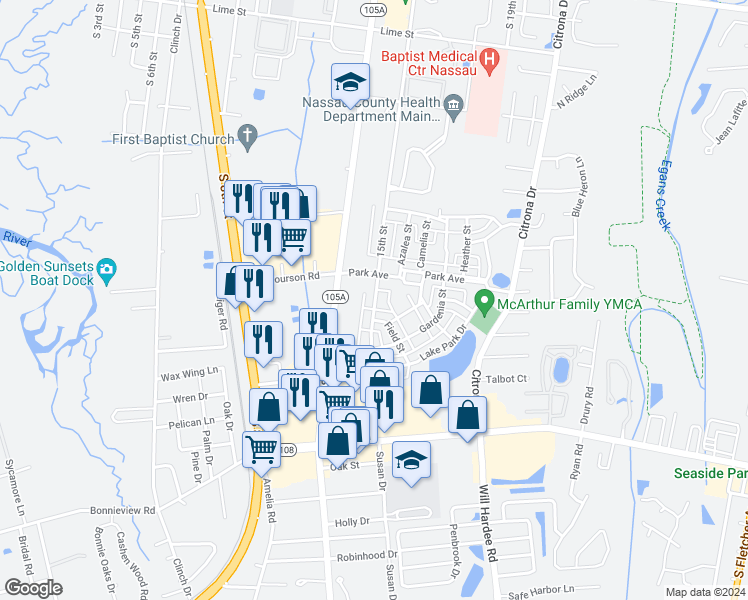 map of restaurants, bars, coffee shops, grocery stores, and more near 1524 Ruskin Lane in Fernandina Beach