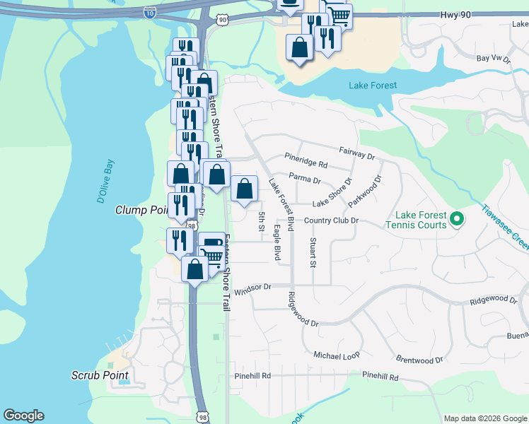 map of restaurants, bars, coffee shops, grocery stores, and more near Harrison Street in Daphne