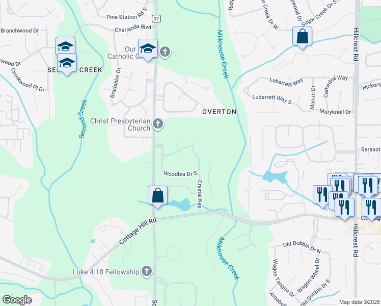map of restaurants, bars, coffee shops, grocery stores, and more near 2240 Woodlea Drive East in Mobile