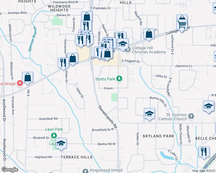 map of restaurants, bars, coffee shops, grocery stores, and more near 5051 Frison in Mobile