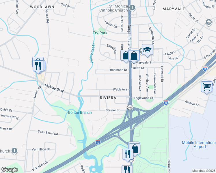 map of restaurants, bars, coffee shops, grocery stores, and more near 2110 Webb Avenue in Mobile
