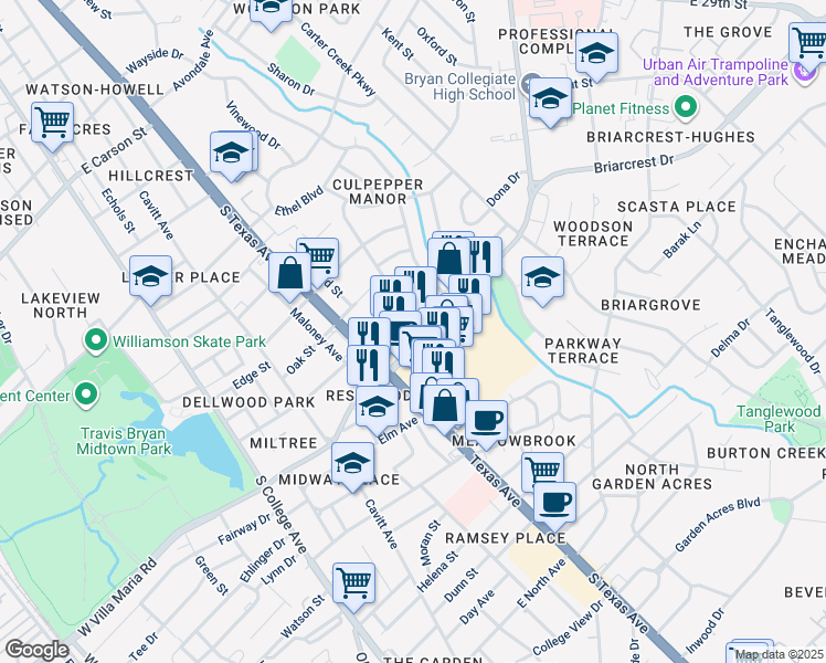 map of restaurants, bars, coffee shops, grocery stores, and more near 710 E Villa Maria Rd in Bryan