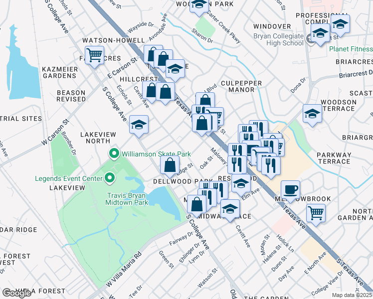 map of restaurants, bars, coffee shops, grocery stores, and more near 2611 Cavitt Avenue in Bryan