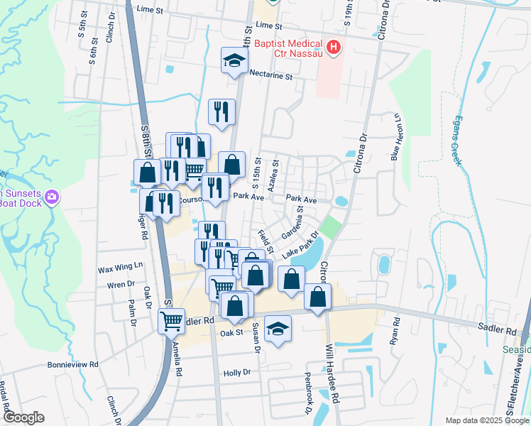 map of restaurants, bars, coffee shops, grocery stores, and more near 1524 Ruskin Lane in Fernandina Beach