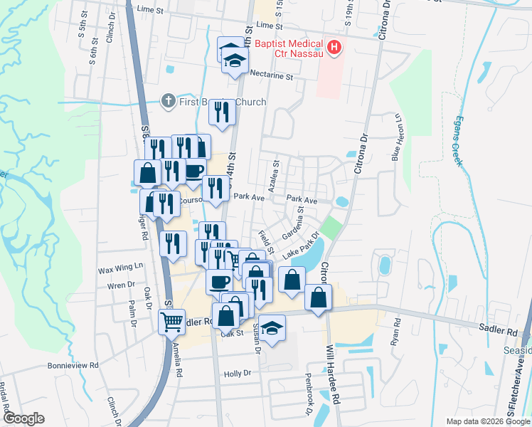 map of restaurants, bars, coffee shops, grocery stores, and more near 1524 Ruskin Lane in Fernandina Beach