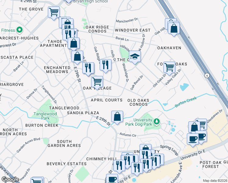 map of restaurants, bars, coffee shops, grocery stores, and more near 4444 Carter Creek Parkway in Bryan