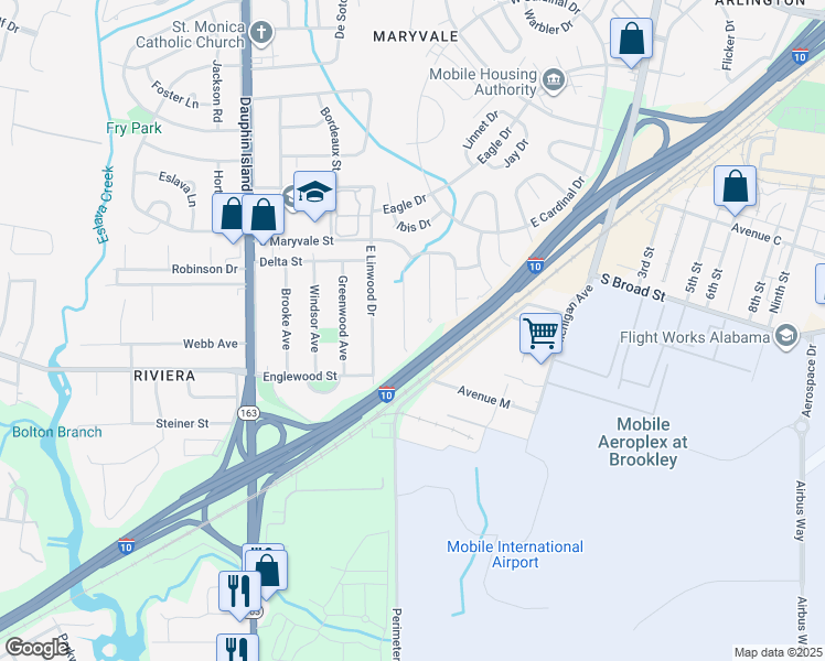 map of restaurants, bars, coffee shops, grocery stores, and more near 1365 West Gulf Field Drive in Mobile
