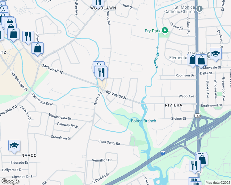 map of restaurants, bars, coffee shops, grocery stores, and more near 2404 McVay Drive North in Mobile