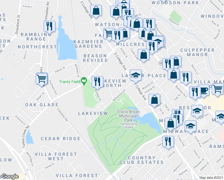 map of restaurants, bars, coffee shops, grocery stores, and more near 2307 Truman Street in Bryan