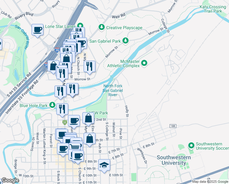 map of restaurants, bars, coffee shops, grocery stores, and more near 301 North College Street in Georgetown