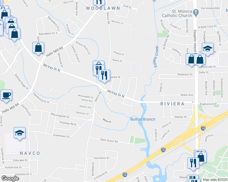map of restaurants, bars, coffee shops, grocery stores, and more near 2408 McVay Drive North in Mobile