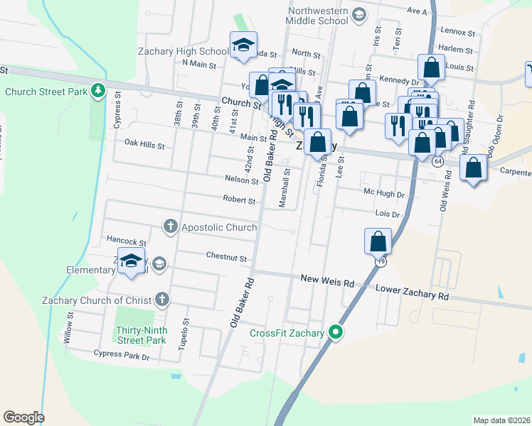map of restaurants, bars, coffee shops, grocery stores, and more near 4080 Old Baker Road in Zachary