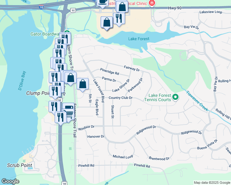 map of restaurants, bars, coffee shops, grocery stores, and more near 134 Lake Shore Drive in Daphne