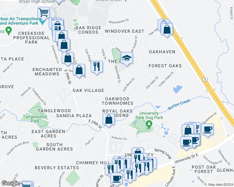 map of restaurants, bars, coffee shops, grocery stores, and more near 2400 Briar Oaks Dr in Bryan