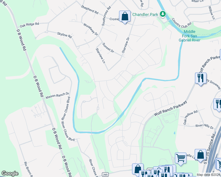 map of restaurants, bars, coffee shops, grocery stores, and more near 116 Eagle Pass Trail in Georgetown