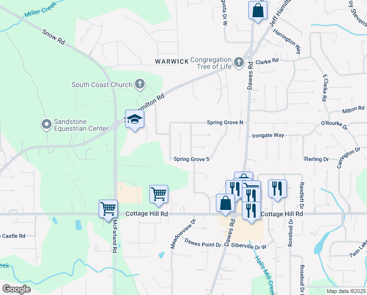 map of restaurants, bars, coffee shops, grocery stores, and more near 2213 Seasons Court in Mobile
