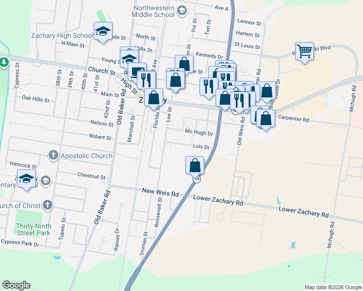 map of restaurants, bars, coffee shops, grocery stores, and more near 4848 Lois Drive in Zachary