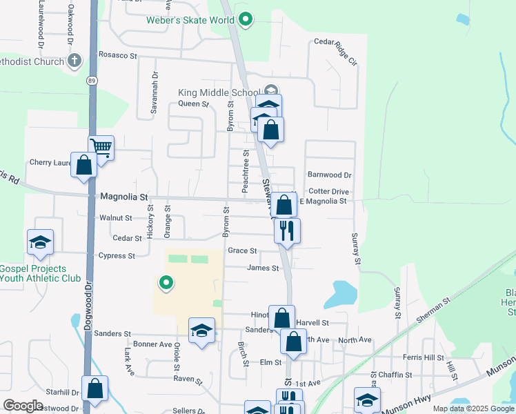 map of restaurants, bars, coffee shops, grocery stores, and more near 6665 Magnolia Street in Milton