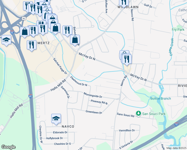 map of restaurants, bars, coffee shops, grocery stores, and more near 2522 McLaughlin Drive in Mobile