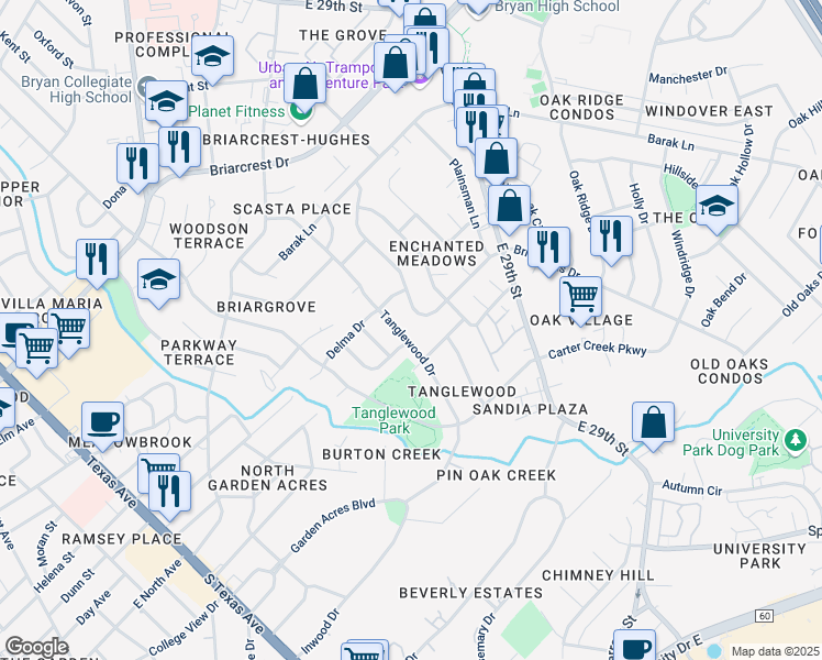 map of restaurants, bars, coffee shops, grocery stores, and more near 3811 Tanglewood Drive in Bryan