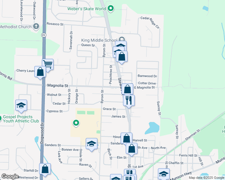 map of restaurants, bars, coffee shops, grocery stores, and more near 6665 Magnolia Street in Milton