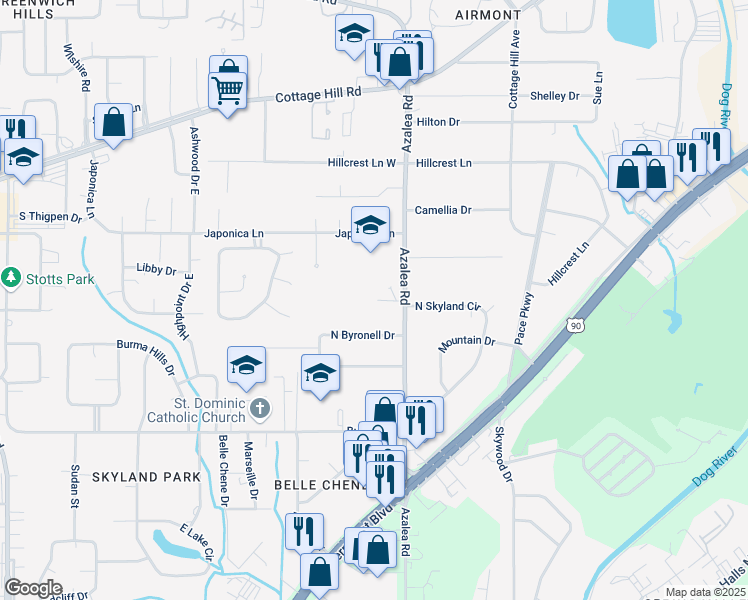 map of restaurants, bars, coffee shops, grocery stores, and more near 3965 Byronell Ct in Mobile