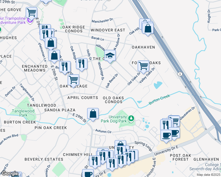 map of restaurants, bars, coffee shops, grocery stores, and more near 2503 Briar Oaks Drive in Bryan