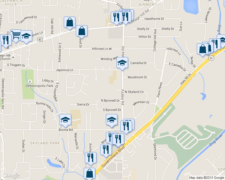 map of restaurants, bars, coffee shops, grocery stores, and more near 3965 Byronell Court in Mobile