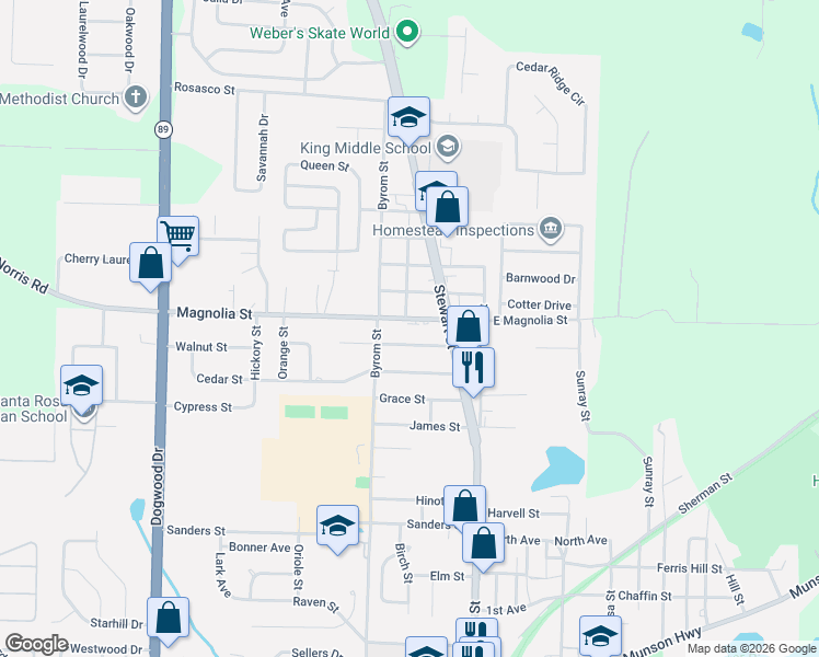 map of restaurants, bars, coffee shops, grocery stores, and more near 6665 Magnolia Street in Milton