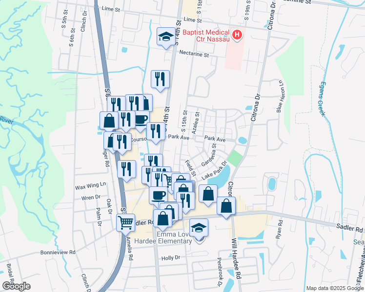 map of restaurants, bars, coffee shops, grocery stores, and more near 1820 Perimeter Park Road West in Fernandina Beach
