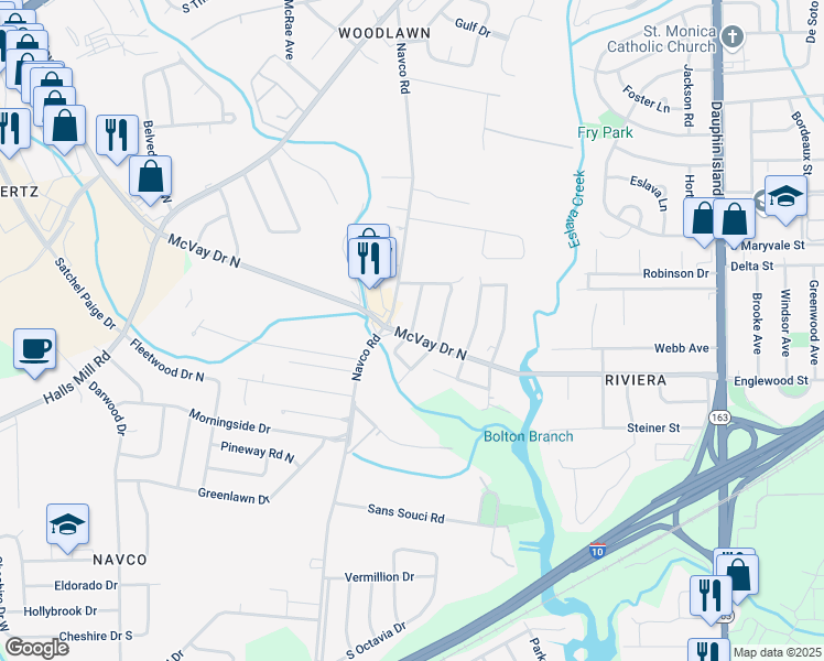 map of restaurants, bars, coffee shops, grocery stores, and more near 1364 Odette Avenue in Mobile