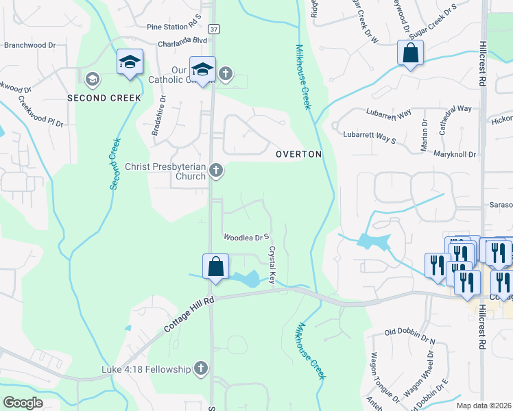 map of restaurants, bars, coffee shops, grocery stores, and more near 2240 Woodlea Drive East in Mobile