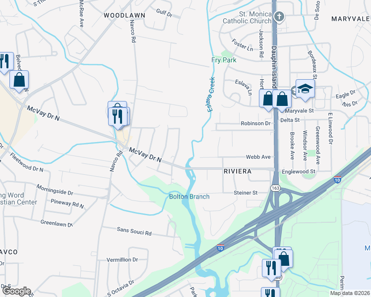 map of restaurants, bars, coffee shops, grocery stores, and more near 1371 East Riviera Drive in Mobile