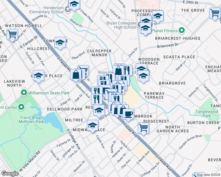 map of restaurants, bars, coffee shops, grocery stores, and more near 710 E Villa Maria Rd in Bryan