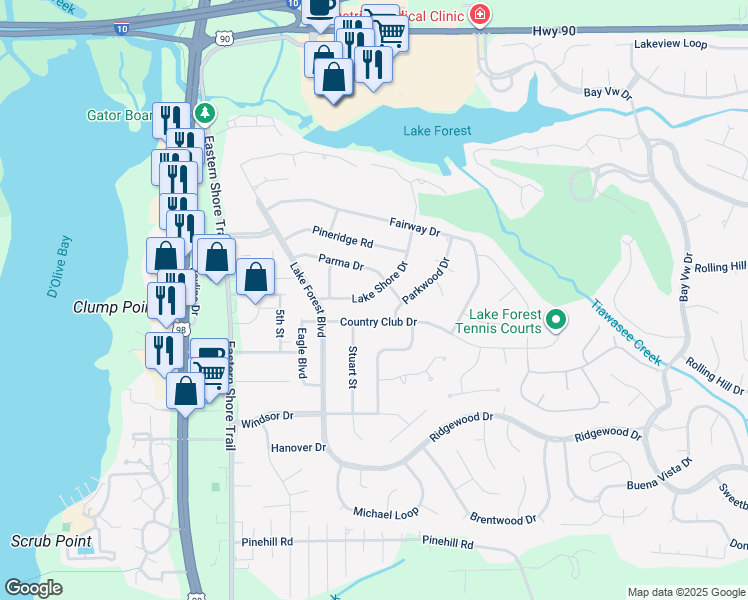 map of restaurants, bars, coffee shops, grocery stores, and more near 134 Lake Shore Drive in Daphne