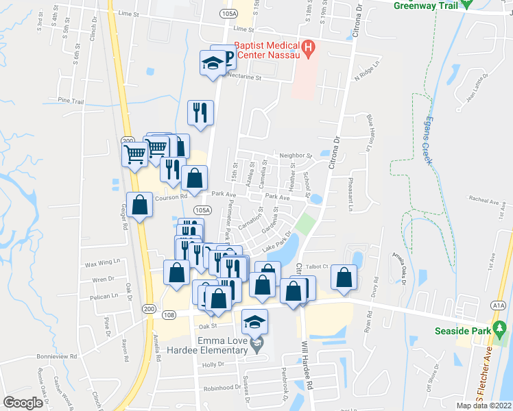 map of restaurants, bars, coffee shops, grocery stores, and more near 1886 Carnation Street in Fernandina Beach