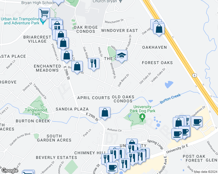 map of restaurants, bars, coffee shops, grocery stores, and more near 2304 Briar Oaks Drive in Bryan