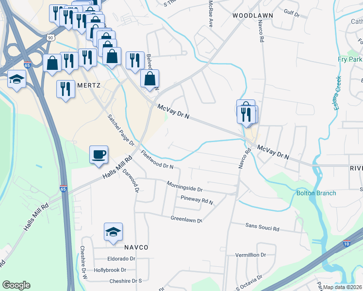 map of restaurants, bars, coffee shops, grocery stores, and more near 2526 McLaughlin Drive in Mobile