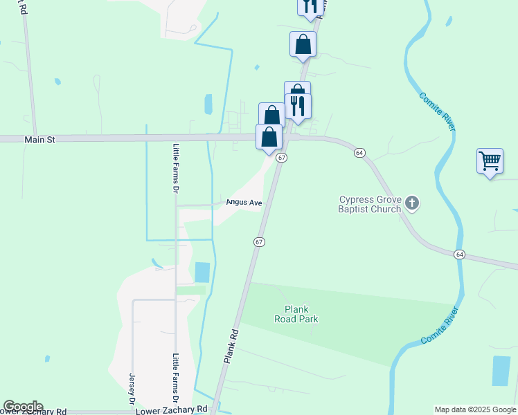 map of restaurants, bars, coffee shops, grocery stores, and more near 9560 Angus Avenue in Zachary