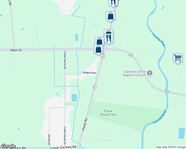 map of restaurants, bars, coffee shops, grocery stores, and more near 9560 Angus Avenue in Zachary