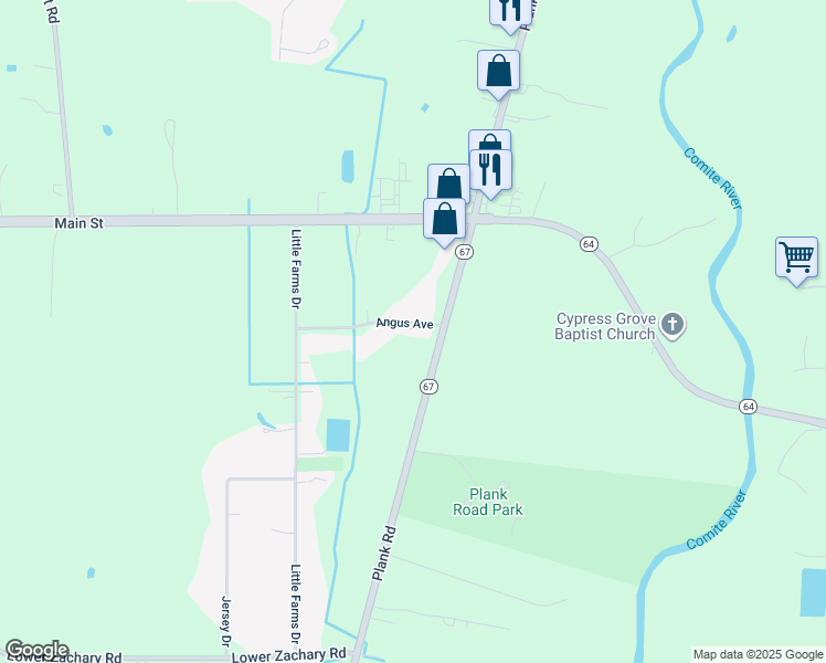 map of restaurants, bars, coffee shops, grocery stores, and more near 9560 Angus Avenue in Zachary