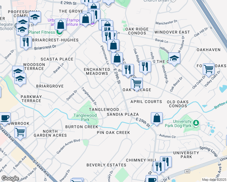 map of restaurants, bars, coffee shops, grocery stores, and more near 3902 East 29th Street in Bryan