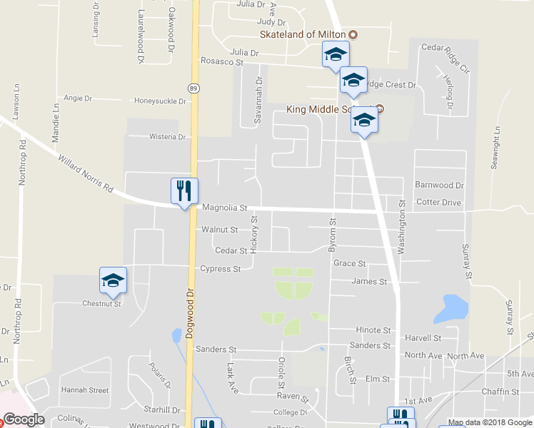 map of restaurants, bars, coffee shops, grocery stores, and more near 5773 Orange Street in Milton