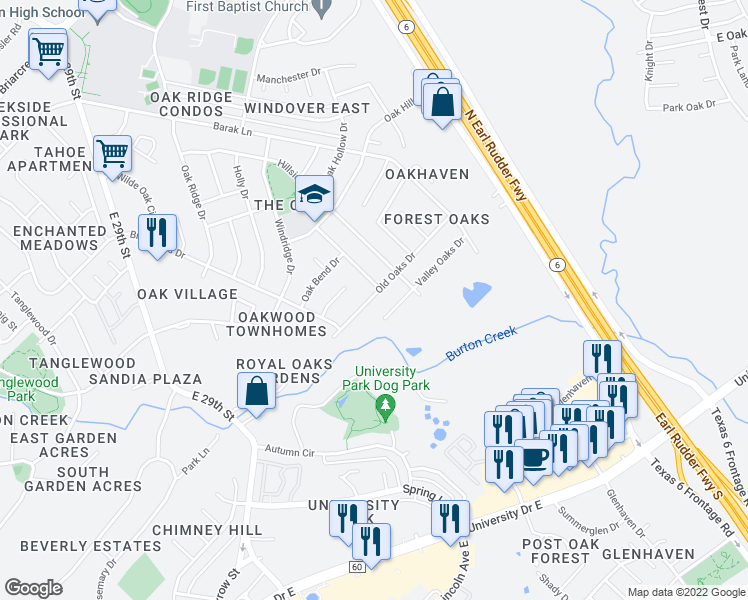 map of restaurants, bars, coffee shops, grocery stores, and more near 3808 Valley Oaks Drive in Bryan