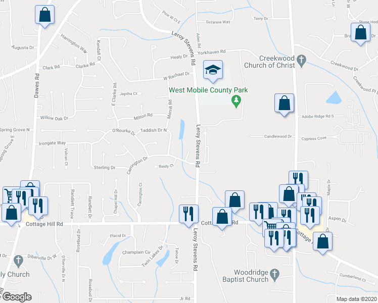 map of restaurants, bars, coffee shops, grocery stores, and more near 2210 Harrods Court in Mobile